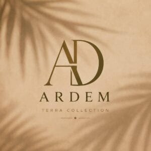 Logotipo de Ardem Terra Collection en fondo beige con sombra suave.