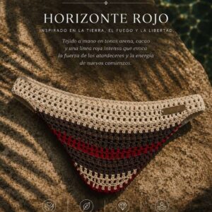 Bikini au crochet orné d'un motif aux tons sable, cacao et rouge, inspiré par la terre.