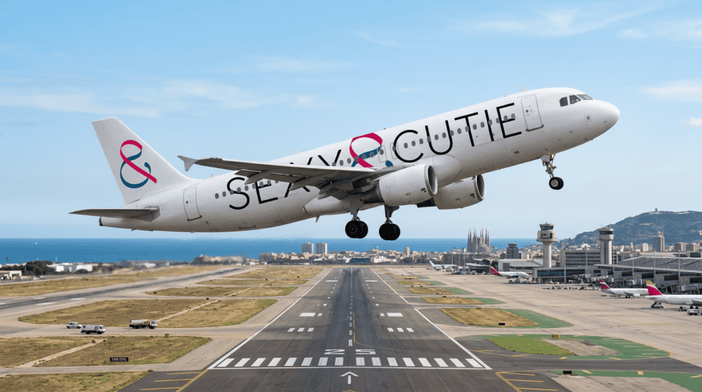 Avión de Sexy & Cutie en despegue en aeropuerto con ciudad y mar de fondo.