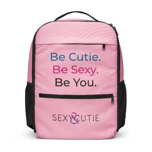 Bossa rosa amb text "Be Cutie. Be Sexy. Be You." per a dones modernes i segures.