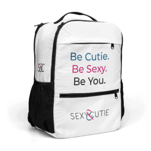 Motxilla blanca i negra amb missatge "Be Cutie. Be Sexy. Be You." per a dona.
