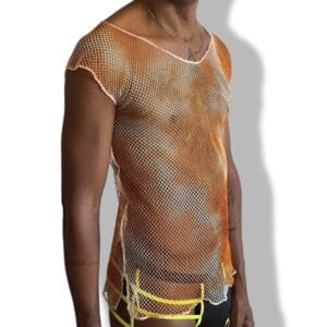 Woman wearing an orange mesh top and black shorts.