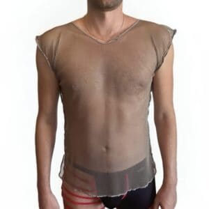 Man wearing a sheer mesh shirt and black and red underwear.