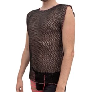 Boy wearing a black mesh shirt and pink shorts.