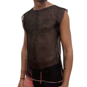 Boy wearing a black mesh shirt and pink shorts.