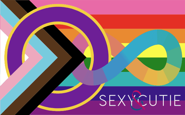 Bandera del orgullo LGBTQ+ con arcoíris y símbolo de infinito en colores vibrantes.